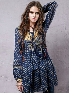 Skater robe ethnique des femmes bijou bleu profond col Puff manches longues imprimé une ligne robe