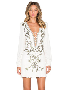 Maj blanc Robe col v brodé Puff manches longues robe courte pour les femmes