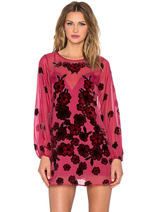 Maj en mousseline de soie robe rouge foncé autour de cou manches longues imprimé robe courte semi Sh