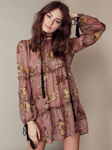 En mousseline de soie robe marron col rond manches longues femmes volants imprimé surdimensionné rob