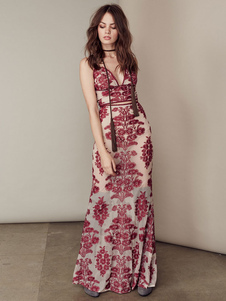 Bourgogne Maxi robe mousseline de soie V Neck Spaghetti bretelles robe sans manches de Long imprimé 