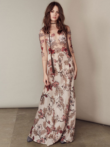 Col rond 3/4 longueur Floral imprimé semi Sheer longue robe manches abricot Maxi robe féminine
