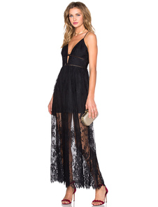 Dentelle sexy robe noire bretelles V cou sans manches robe Maxi semi Sheer