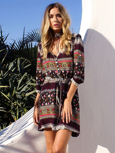 Robe bohème femmes imprimé V Neck demi manchon court Beach Dress