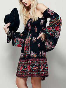 De l’épaule robe d’été imprimée Flare manche plissé robe bohème pour femmes