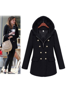 Manteau noir mélange de laine des femmes à capuchon Double Breasted faux 2 pièces manteau d’hiver