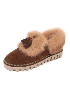 Mocassins marron femmes Mocassins Tassel bordée Round Toe Slip sur les plaines de fourrure