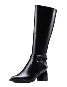 Noire haute de genou Bottes talon Chunky a souligné Toe PU bottes d’hiver en cuir avec boucle pour f