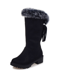 Fourrure noire bottes daim chiot talon Tassel mi mollet bottes d’hiver pour femmes