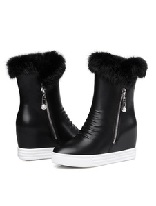 Wedge noir bottes de fourrure fermeture à glissière supérieure large milieu mollet bottes pour femme
