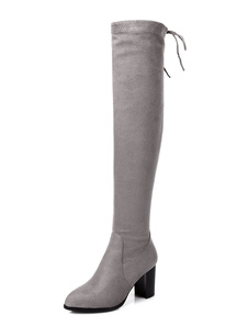 Sexy sur les bottes au genou orteil rond Chunky talon élastique bottes féminines gris bottes d’hiver