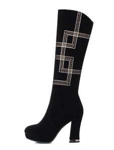 Noire haute de genou Bottes talon Chunky daim brodé bottes d’hiver pour femmes