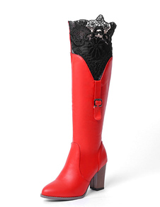 Rouge de hautes bottes à talons hauts Lace Trim Knee High bottes d’hiver fermeture éclair des bottes