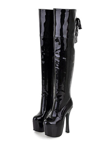 Sexy cuisse hautes bottes talon haut plateforme noir au-dessus du genou bottes à capuche en cuir ver