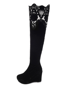 Daim Thigh High Boots lacent fermeture à glissière de garniture Wedge noir Bottes femme sur le genou