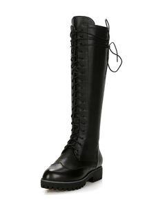 Lacez Knee High bottes d’hiver ronde Toe Pigskin noir bottes hautes bottes féminines
