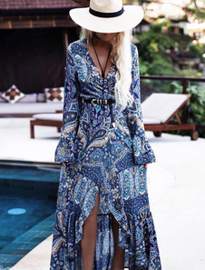 Boho Maxi Robe col V bleu Bell manches longues imprimé robe longue volants