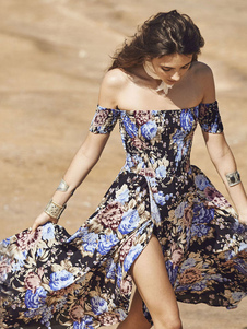 Boho Maxi Dress Black Floral imprimé au large de l’épaule manches courtes fente longue robe