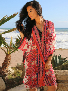 Plage couvrez-vous Boho rouge imprimé ouvert avant 3/4 manches nager la couverture de l’Ups féminin