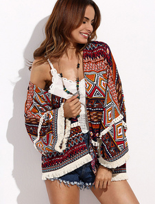 De la couverture de Ups féminines brun foncé imprimé Long manches maillots de bain avec frange