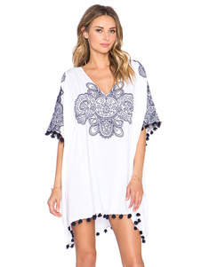 Couvercle blanc Ups Boho V cou imprimé Half Sleeve T Shirt robe plage maillot féminin de bain