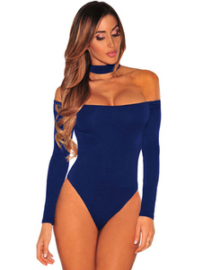 Sexy Body Halter bleu sombre des femmes au large de l’épaule manches longues Slim Fit Body