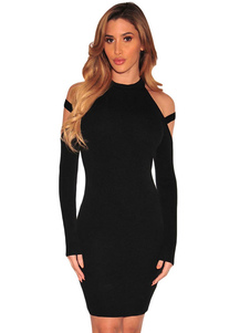 Club noir Robe col rond épaule froide manches longues Slim Fit Bodycon Dress