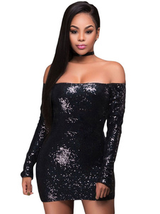 Club paillettes robe noire au large de l’épaule manches longues Slim Fit Bodycon Dress