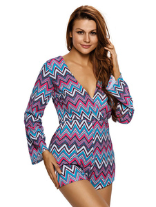 Sexy combinaison deux ton V cou manches longues des femmes imprimé jambe maigre barboteuse