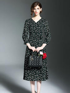 Robe à fleurs manches 3/4 V cou femme longue robe imprimée