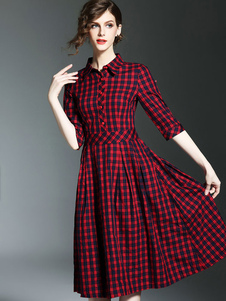 Chemise à carreaux robe demi féminine rouge manche plissé une ligne robe