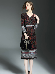 Manches 3/4 taille A Tie ligne robe longue V Neck Robe florale impression féminin