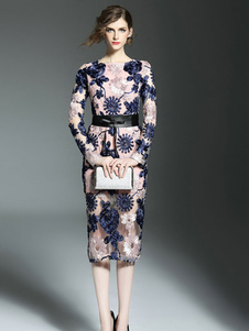 Robe à fleurs rose manches longues brodé en cuir taille féminin tour de cou Illusion robe longue