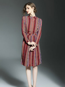Imprimé rouge A robe chemise manches longues féminin ligne de longueur genou robe de Skater