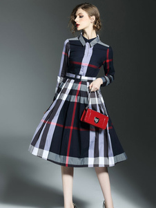 Bloc A ligne genou longueur robe de couleur bleu de robe de la chemise à carreaux manches longues fe