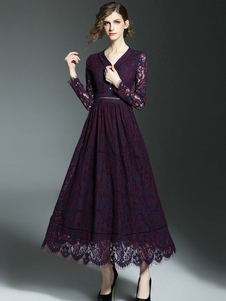 V Neck polices bouton robe longue des femmes manches longues dentelle violet robe Maxi Illusion