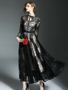 Robe Maxi noire embelli col manches longues Slim Fit longue robe plissée