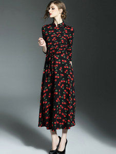 Cerise robe noire floral Maxi 3/4 manches féminines imprimé robe longue avec ceinture