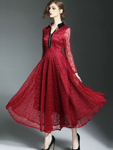 Robe à dentelle rouge propagation col manches longues plissé robe Maxi pour les femmes