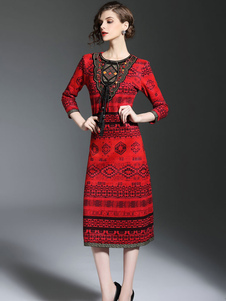 Robe à fleurs rouges Maxi ethnique Vintage brodé pompons 3/4 manches féminin imprimés autour de cou 