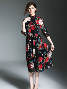 Skater robe volants Stand collier demi manches Floral imprimé plissé longue robe noire