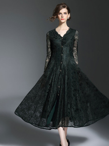 Longue robe de dentelle maxi robe manches longues V cou féminin Illusion bouton avant