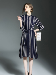 Skater bleu robe Stand col 3/4 longueur manches rayé une ligne Flare robe avec ceinture