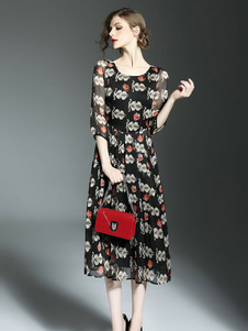 Robe noire à fleurs imprimé 3/4 manches féminin plissées autour de cou robe longue