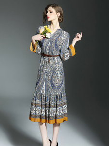 Robe longue jaune V Manche 3/4 longueur manches imprimé Ruffle une ligne robe