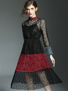 Illusion de la dentelle noire robe manches longues femme Color Block longue robe plissée
