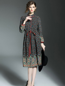 Noir robe longue imprimée de la robe à fleurs manches longues femme avec noeud de ruban