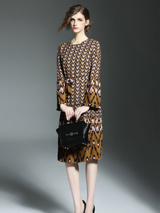 Robe imprimée à fleurs manches longues femme encolure marron robe longue avec ceinture