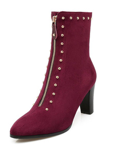Fermeture éclair amande Toe Rivets Chunky Heel bottillons de Bourgogne daim bottes femmes
