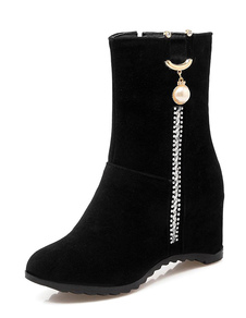 Black rondes Toe fermeture éclair Suede Boots femmes cachée talon bottes d’hiver